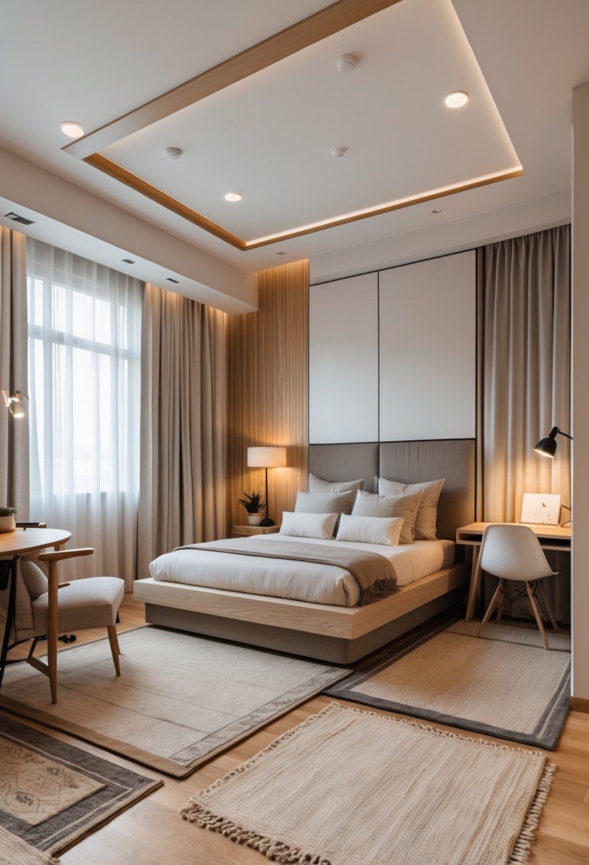 A small bedroom for couples with rugs used to define different areas including the bed, a reading nook, and a workspace.