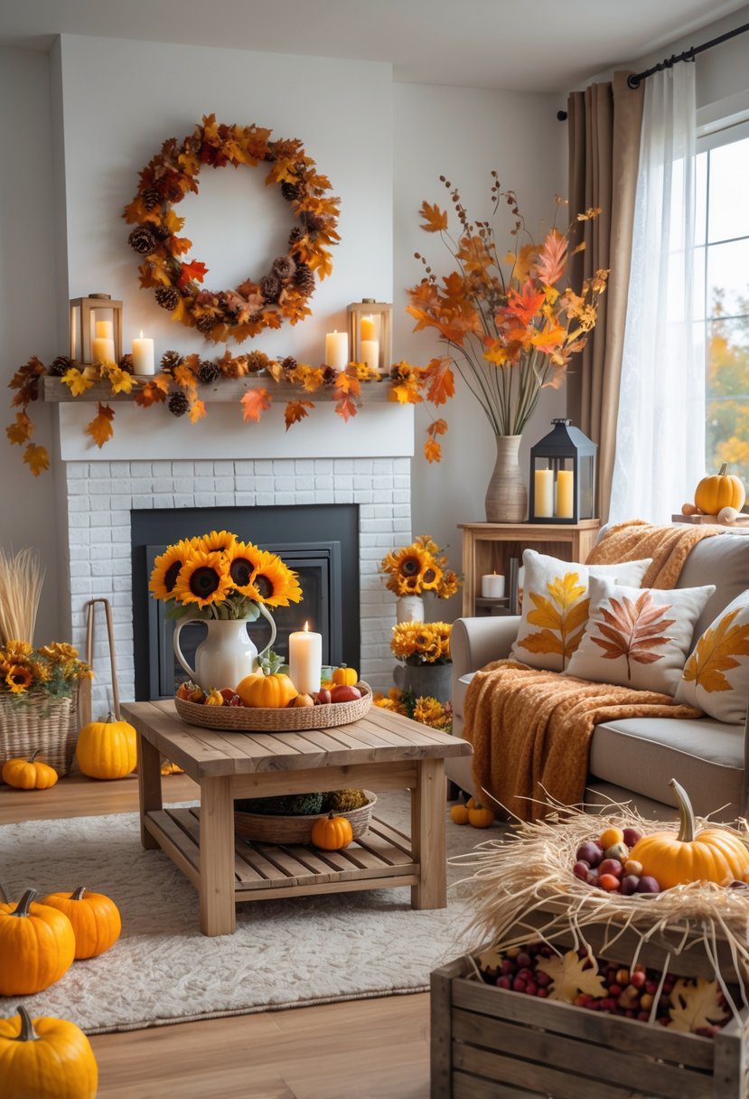 A cozy living room decorated with various fall items including pumpkins, autumn leaves, candles, flowers, and warm textiles.