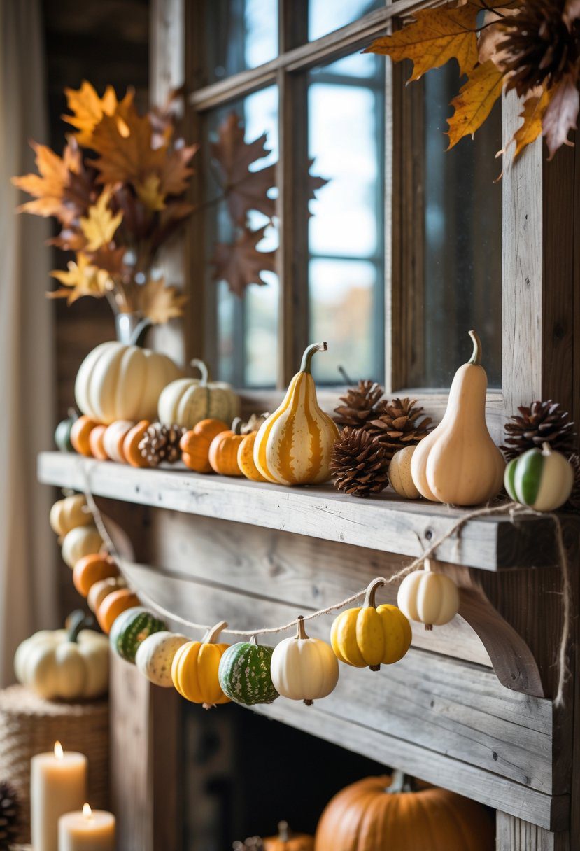 A cozy home interior decorated with garlands of small gourds and other fall decorations on wooden surfaces.