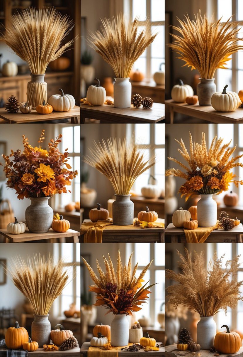 Twelve different fall floral arrangements featuring wheat stalks and autumn decor displayed indoors on wooden surfaces.