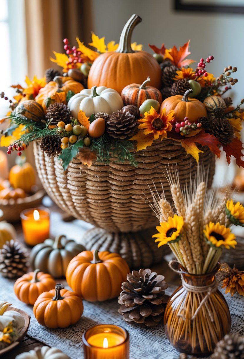 A cornucopia filled with pumpkins, gourds, and autumn leaves on a wooden table surrounded by various fall decorations including candles, pinecones, dried wheat, and flowers.
