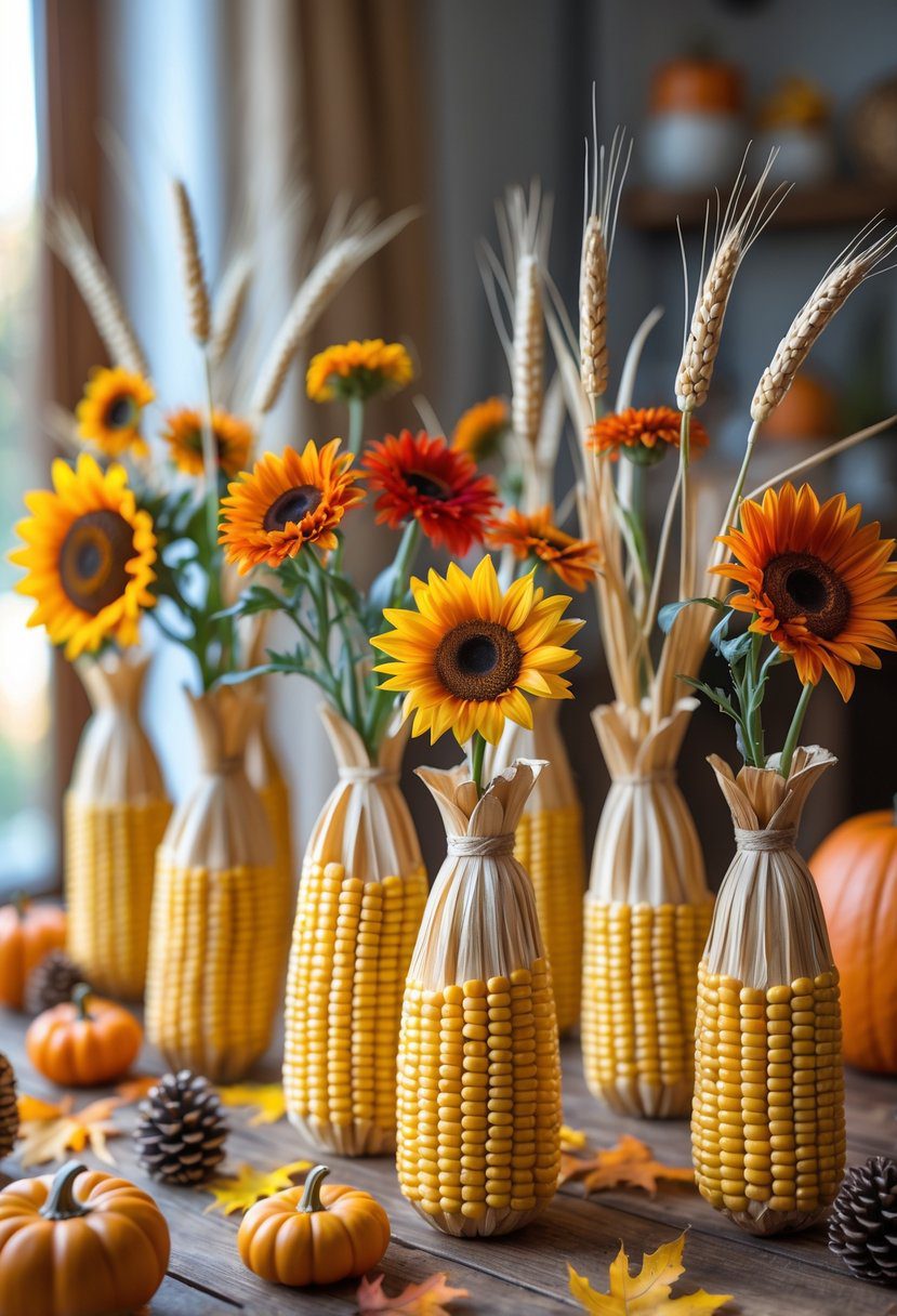 A collection of twelve maize corn vases filled with autumn flowers and surrounded by pumpkins, pinecones, and fall leaves on a wooden table.