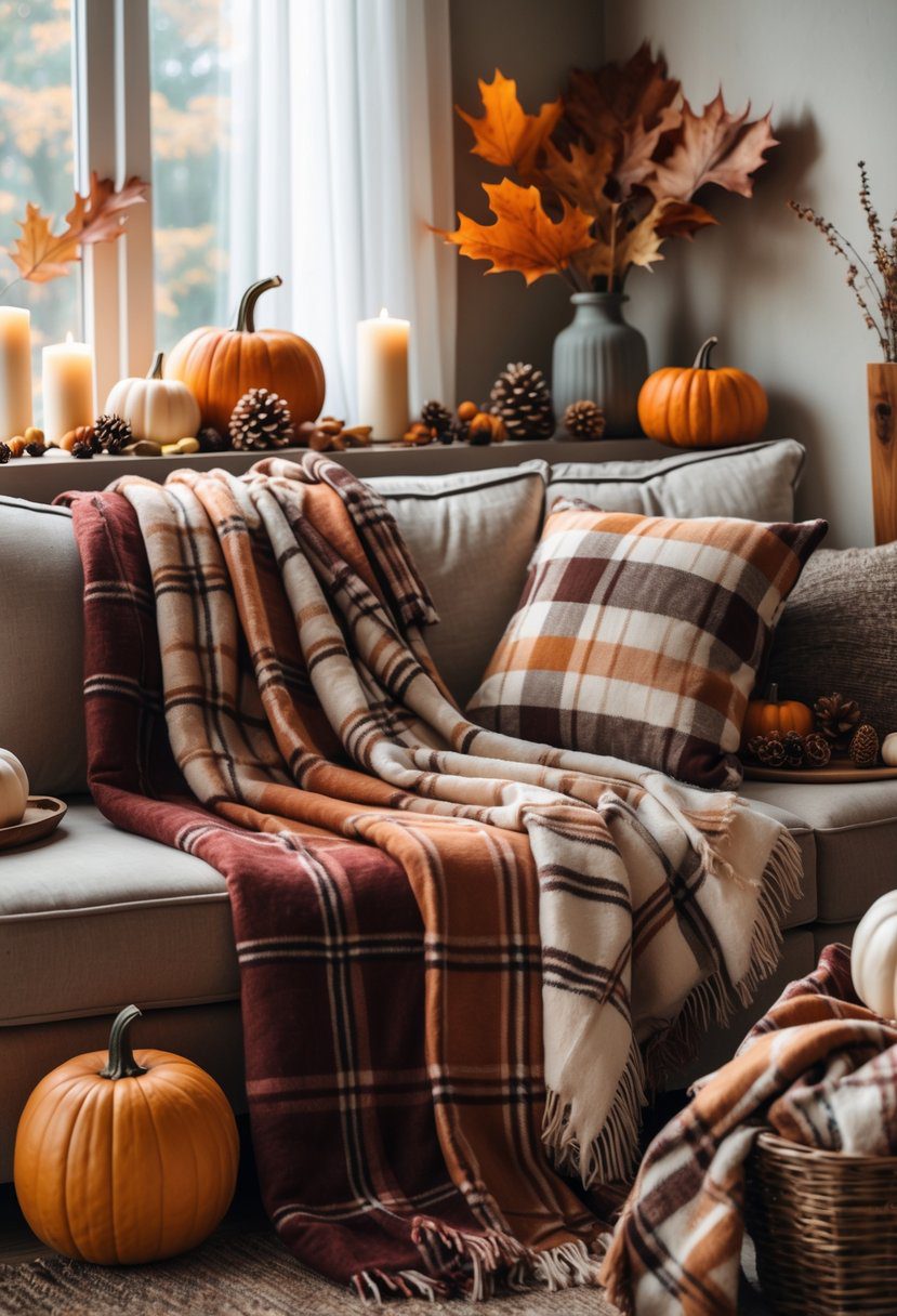 A living room with a sofa covered in plaid throw blankets surrounded by fall decorations like pumpkins, candles, and pine cones.