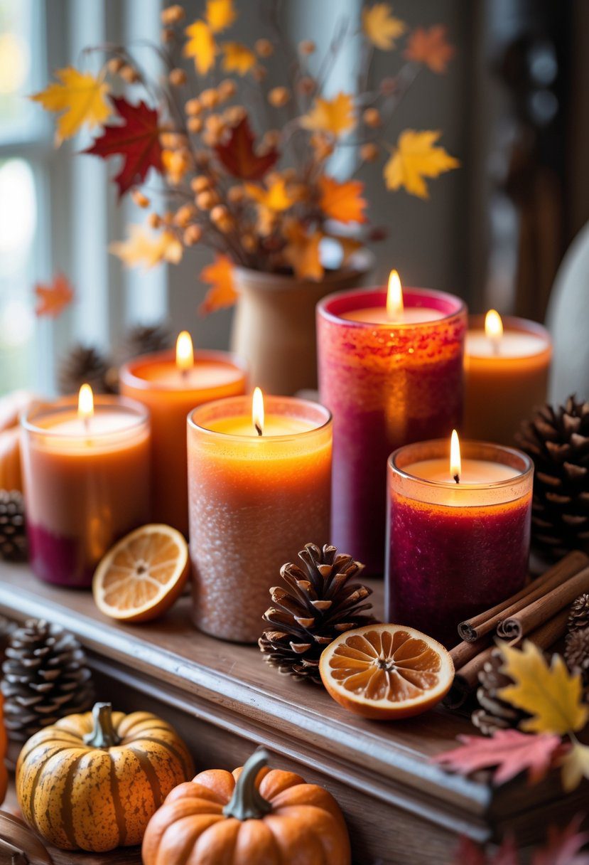 A collection of spiced candles surrounded by autumn leaves, cinnamon sticks, dried orange slices, pine cones, and small pumpkins arranged on a wooden surface.