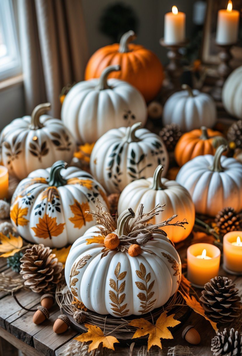 Twelve decorated white and orange pumpkins arranged on a wooden table with autumn leaves, pine cones, and candles.