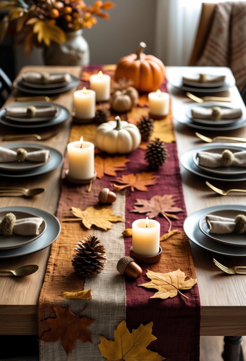 A dining table decorated with leaf-shaped table runners and autumn-themed decorations including pumpkins, pinecones, and candles.