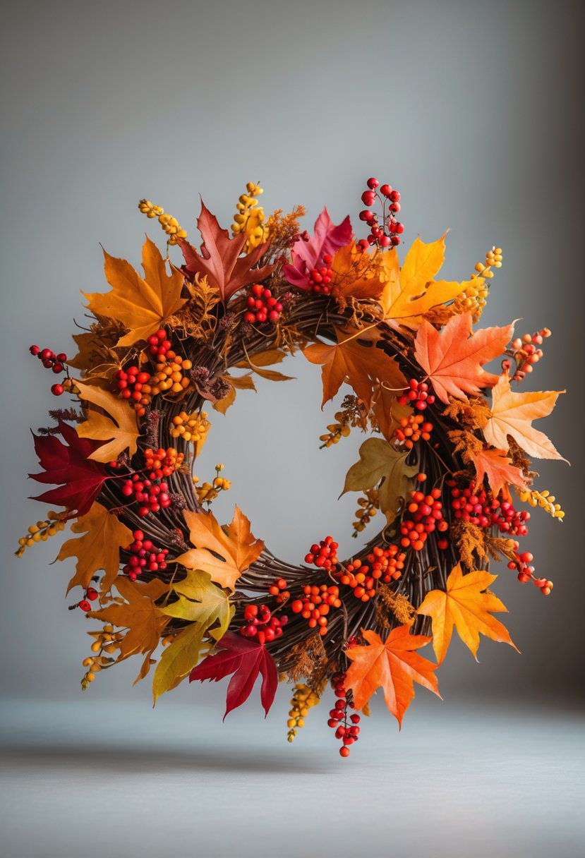An autumn wreath made of colorful fall leaves and red berries hanging against a neutral background.