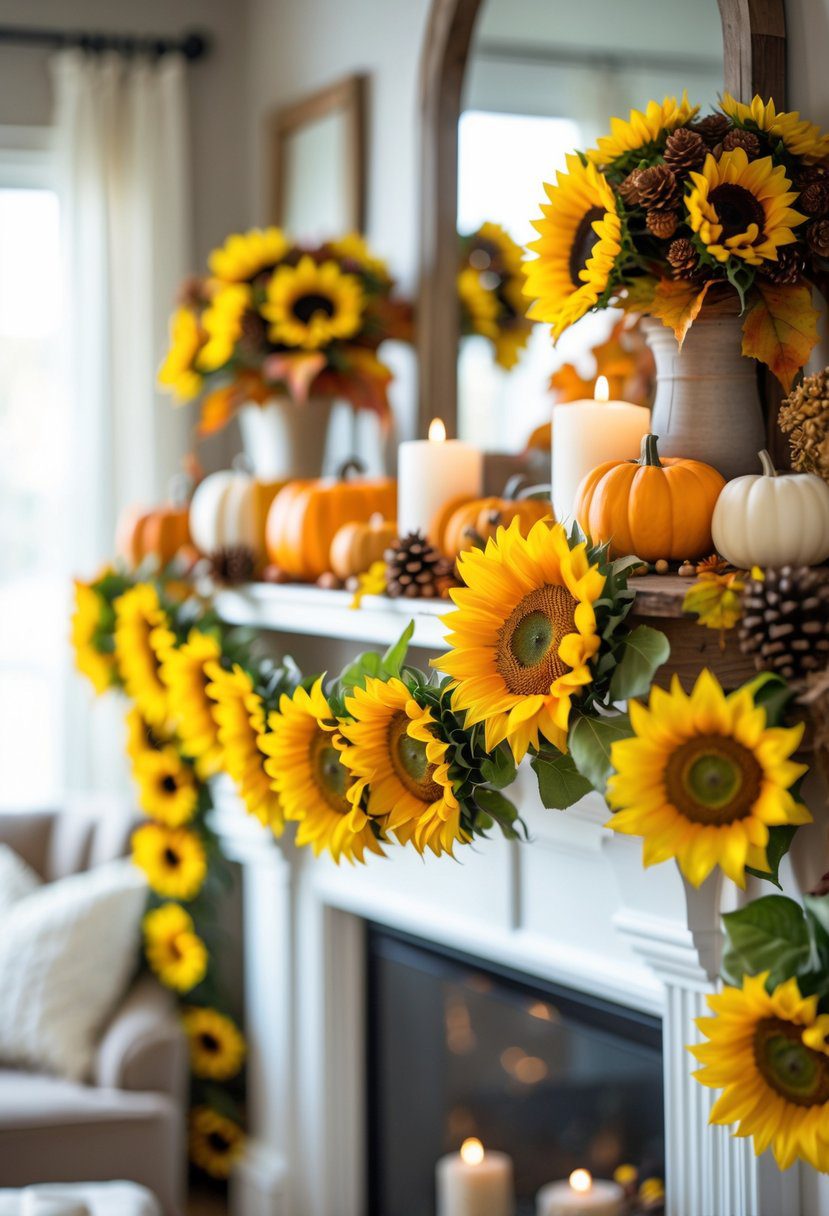 A mantel decorated with sunflower garlands and fall decor including pumpkins, pinecones, and autumn leaves in a cozy home setting.