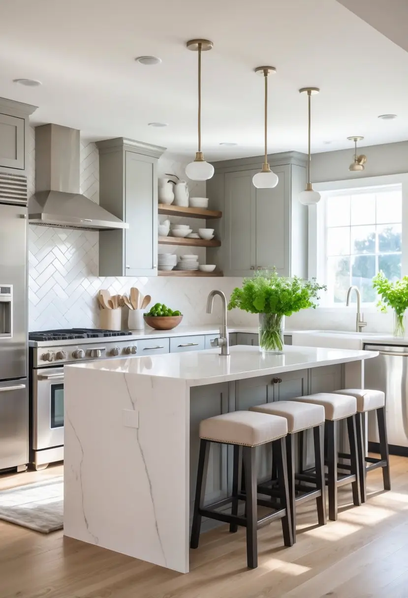 A modern kitchen featuring a marble countertop, gray cabinets, kitchen island with bar stools, stainless steel appliances, and natural light from a large window.