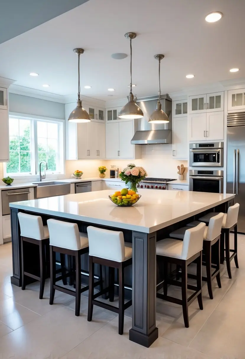 A spacious kitchen with a large island featuring built-in storage and seating with bar stools.