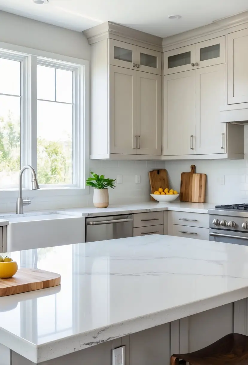 A modern kitchen with newly installed quartz countertops, cabinets, appliances, and natural light.