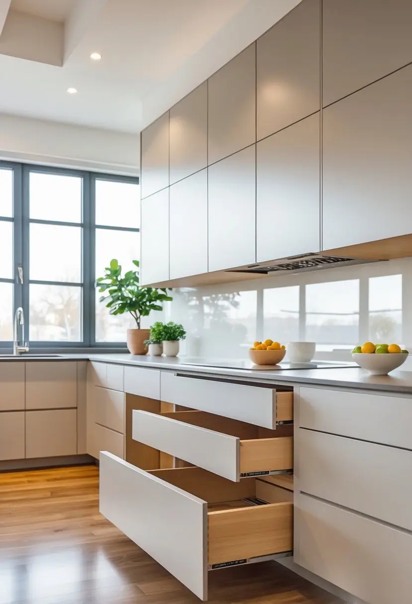 A modern kitchen with open cabinets and drawers showing smooth closing features, bright natural light, and clean countertops.