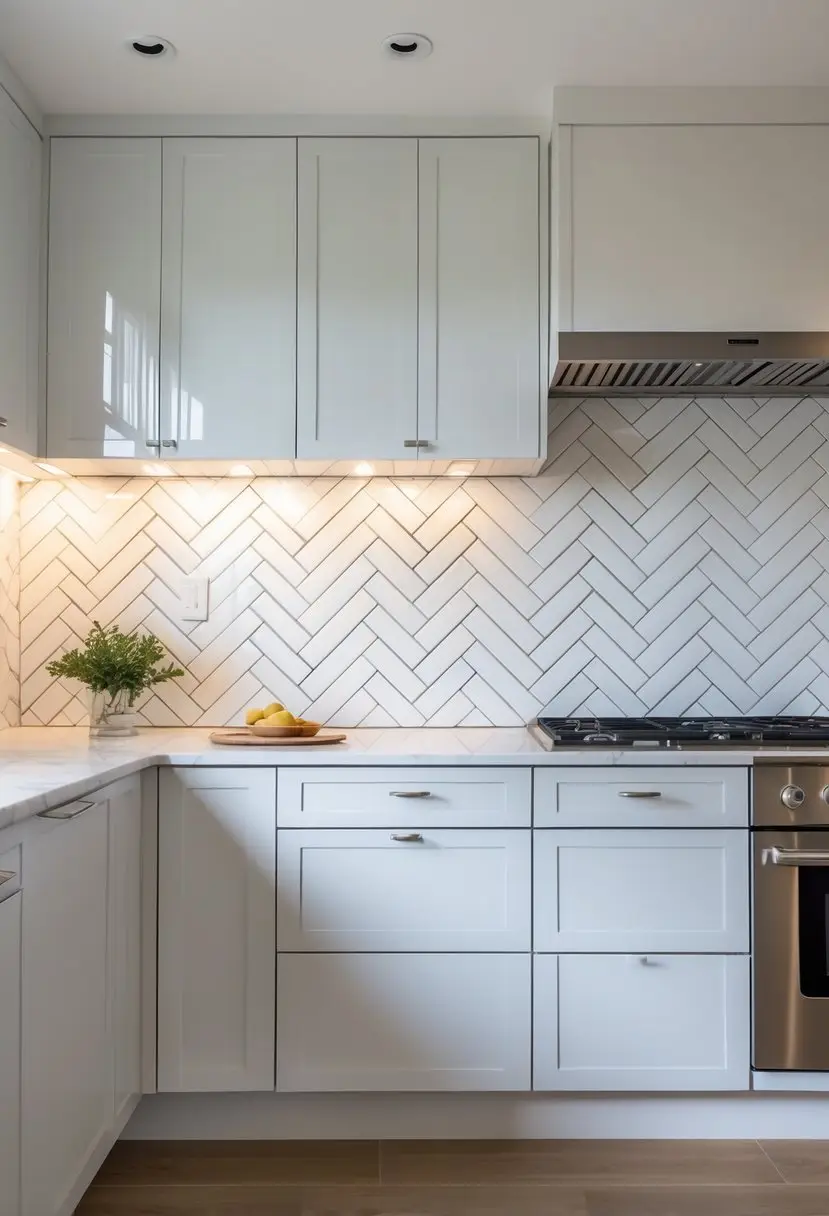 A modern kitchen with a white herringbone tile backsplash, countertops, cabinets, and stainless steel appliances.