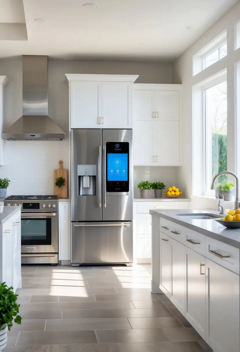 A modern kitchen with a Wi-Fi-enabled refrigerator, stainless steel appliances, white cabinets, and a large island countertop.