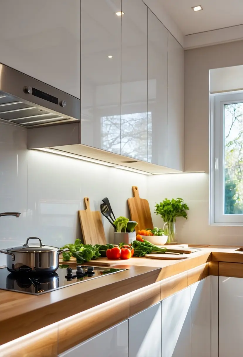 A modern kitchen countertop illuminated by under-cabinet LED lights with fresh vegetables and cooking utensils arranged neatly.