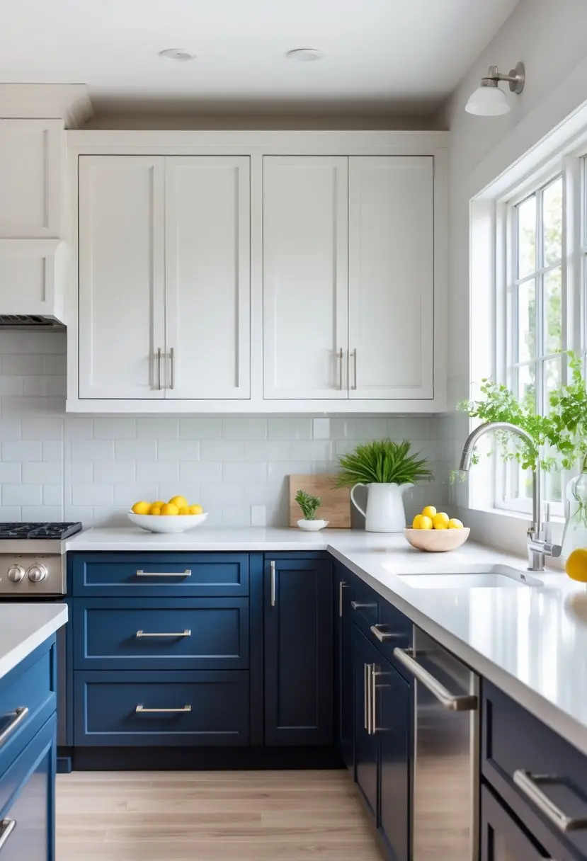 A modern kitchen with two-tone painted cabinets, white upper cabinets and navy blue lower cabinets, a light countertop, and natural light from large windows.