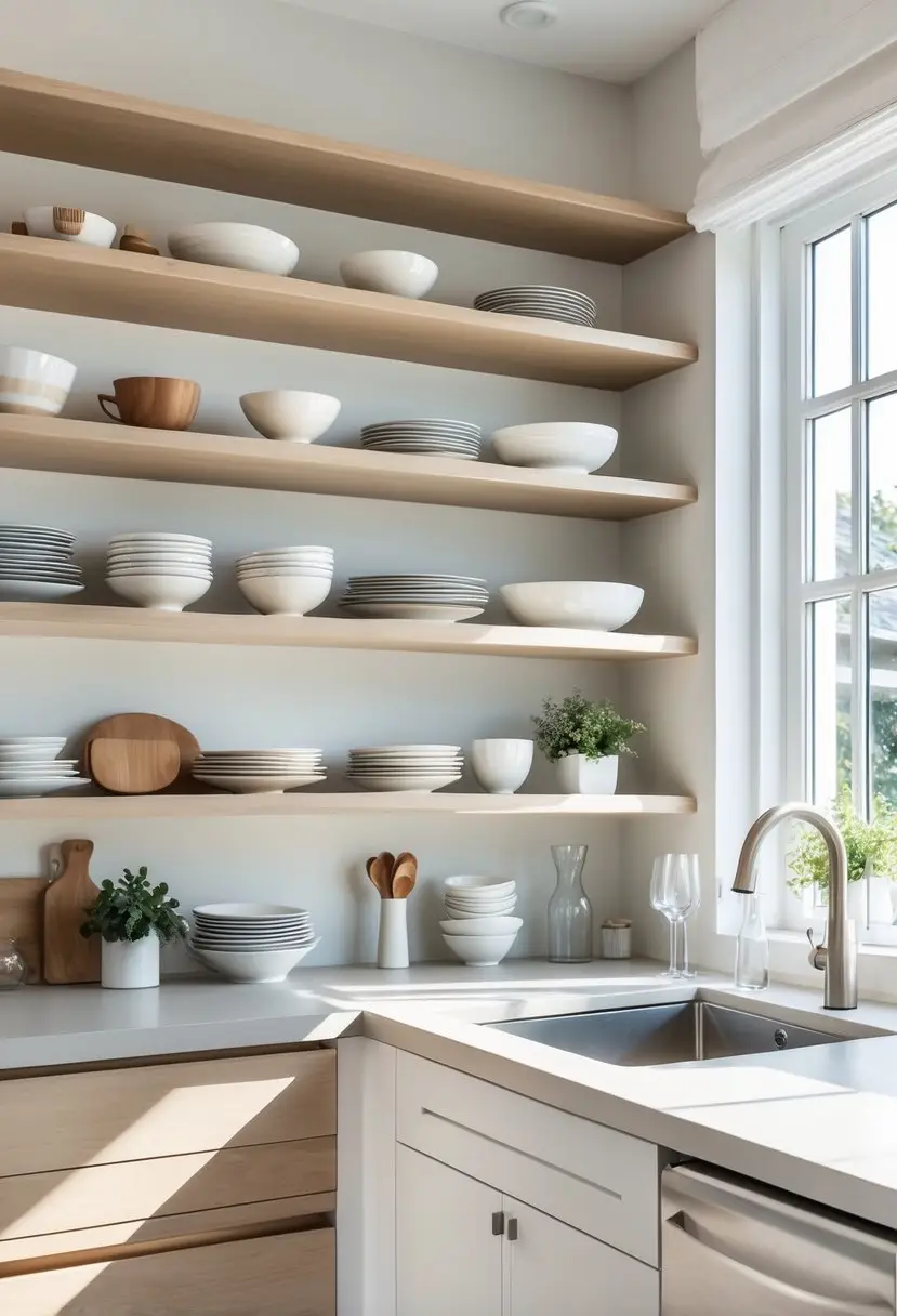 A modern kitchen with open shelves displaying neatly arranged dishware and natural light coming through a window.