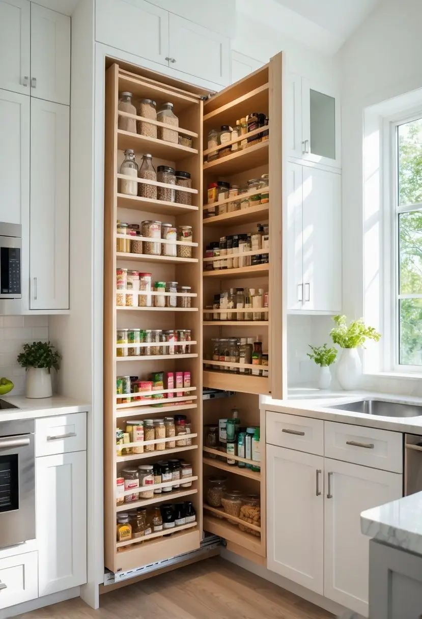 A modern kitchen with a pull-out pantry open, showing organized shelves with food items inside white cabinets.
