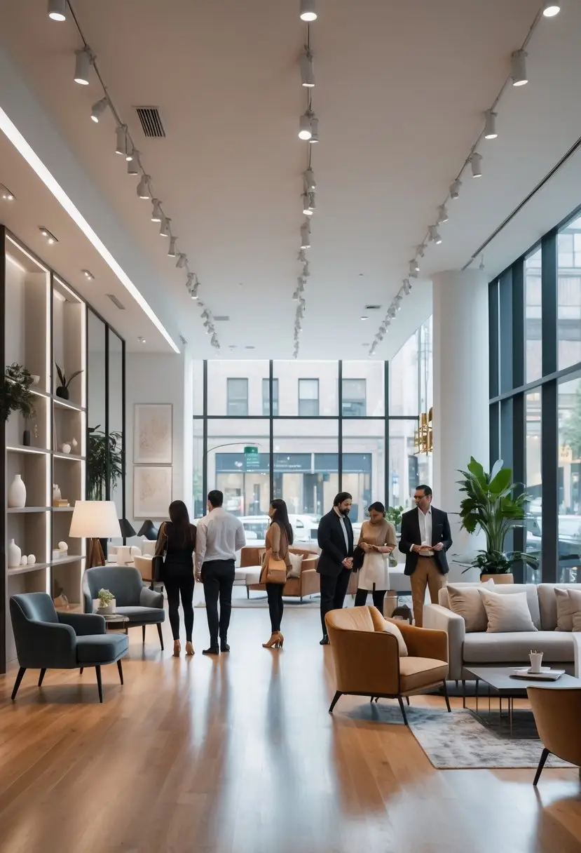 A modern furniture store showroom with stylish sofas, tables, and customers browsing inside.