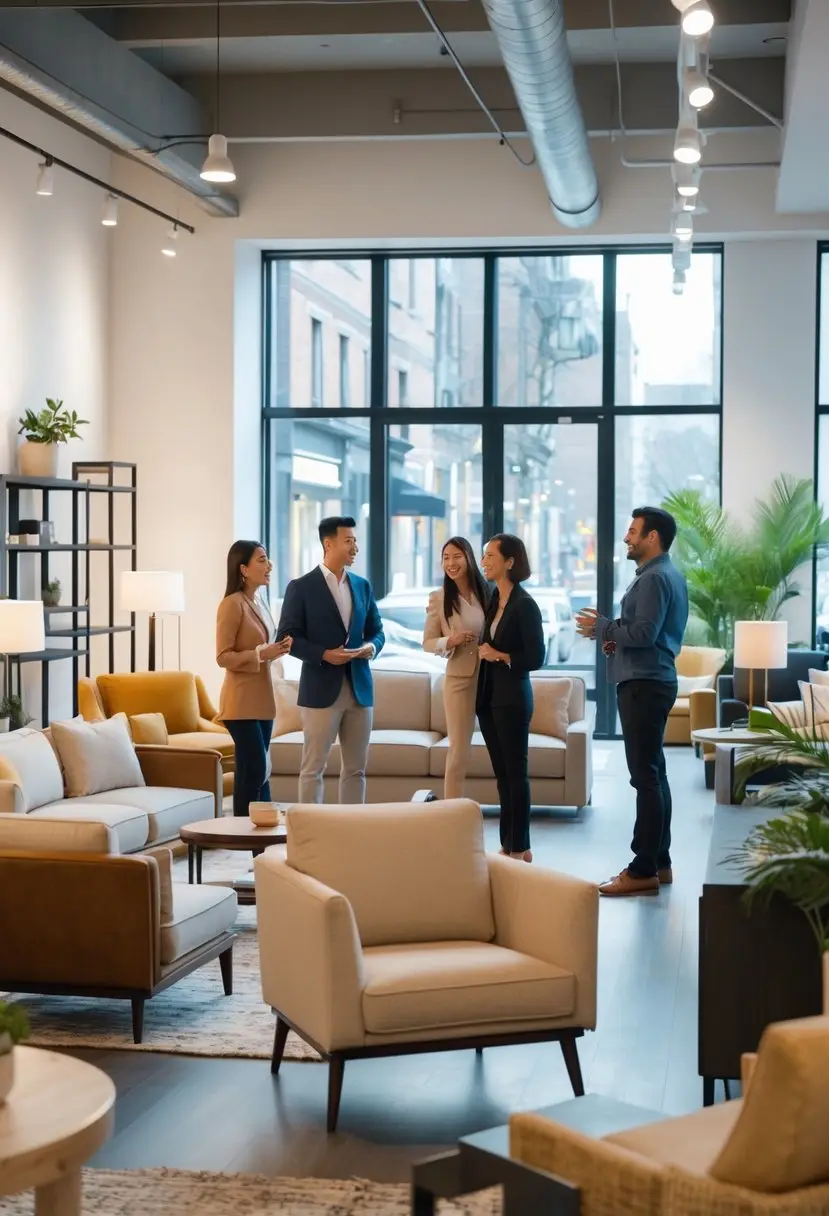 Customers and a salesperson talking inside a bright furniture store with sofas and tables on display.