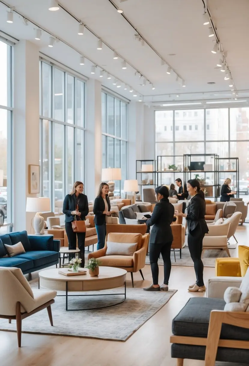 Customers browsing and shopping for furniture in a bright, modern furniture store with various sofas, chairs, and tables on display.