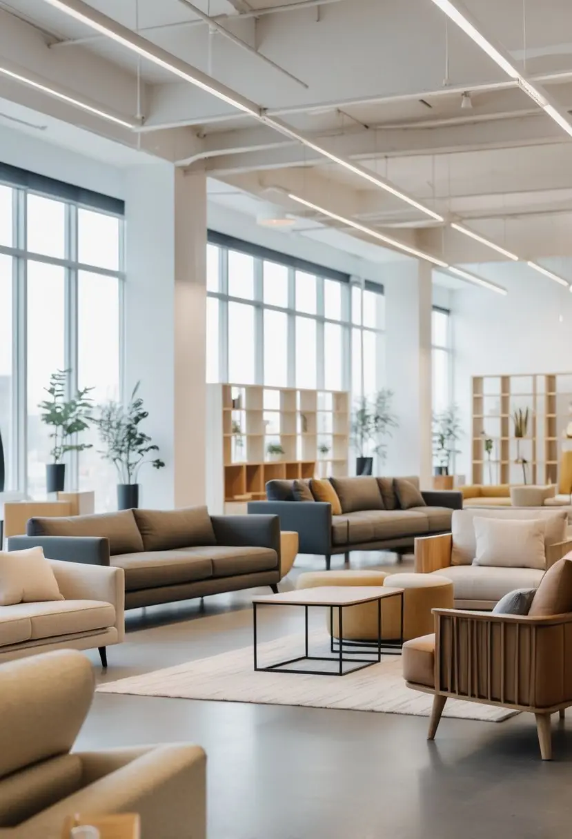 Interior of a modern furniture store with sofas, chairs, tables, and large windows letting in natural light.