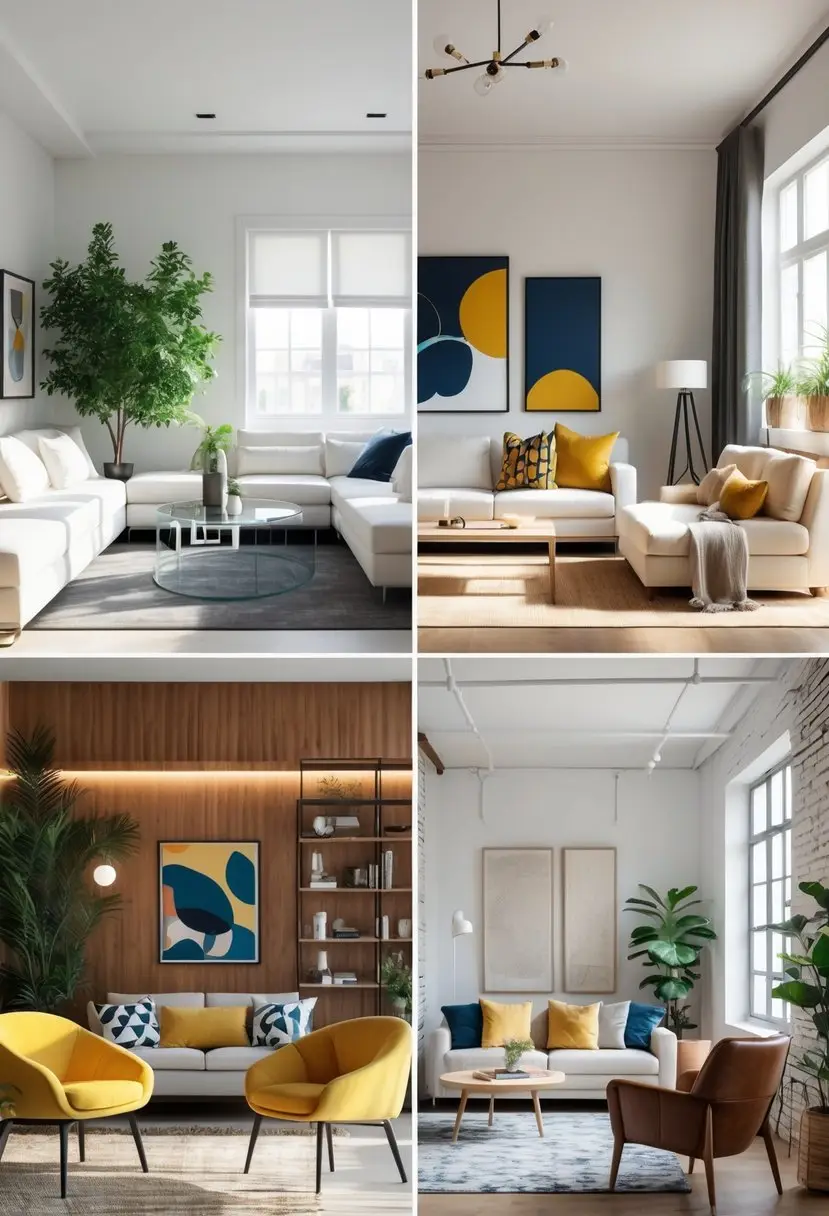 Five different living rooms arranged side by side, each with distinct furniture, lighting, and decor elements.