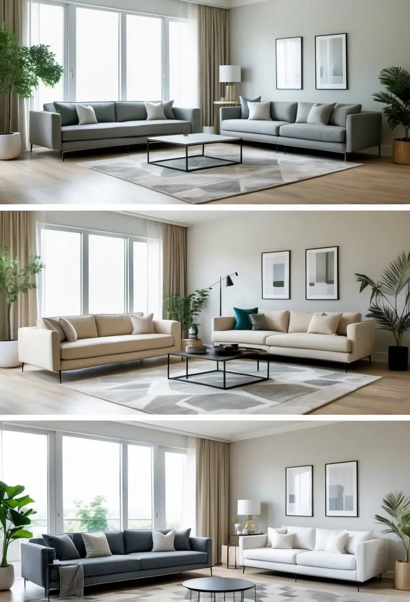 A bright living room with several slim sofas arranged with coffee tables, rugs, and plants, illuminated by natural light from large windows.