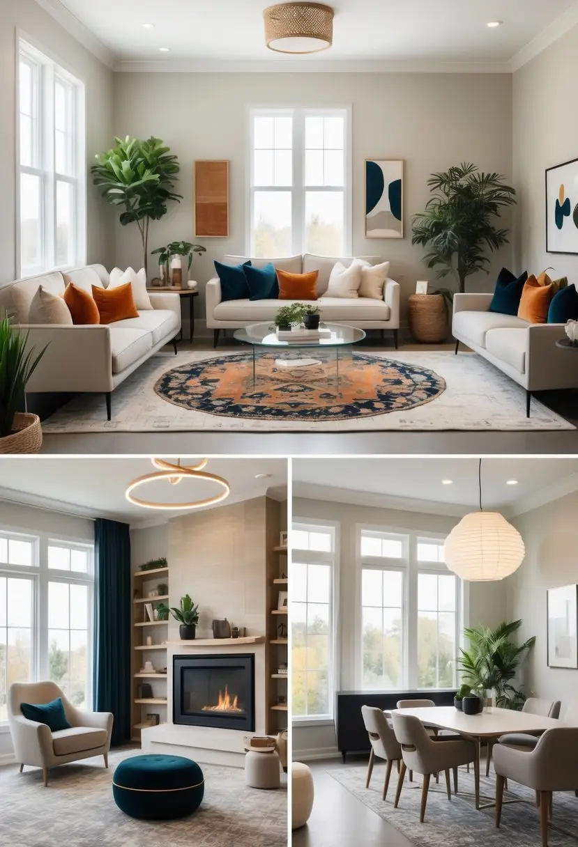 A spacious living room with five distinct seating and decor areas featuring neutral colors and bold accent pieces, illuminated by natural light from large windows.