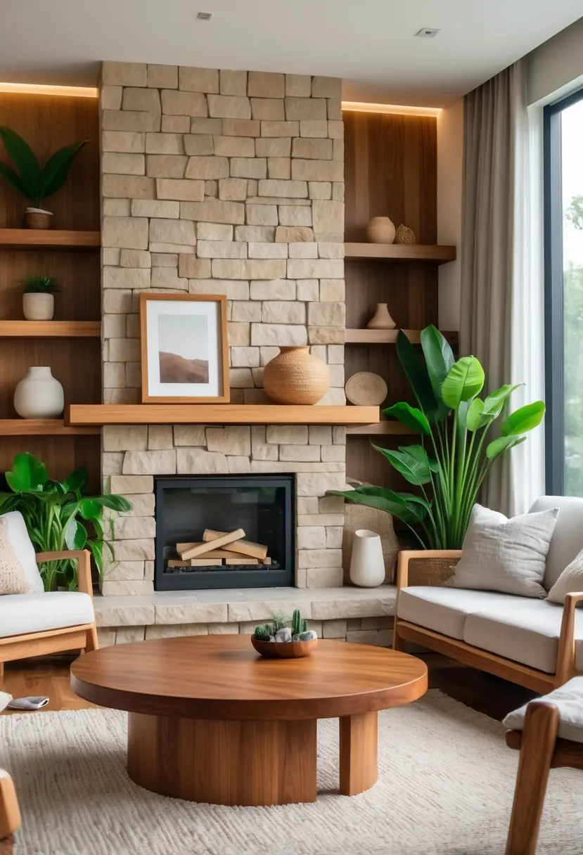 A bright living room with wooden furniture, stone fireplace, green plants, and comfortable seating.
