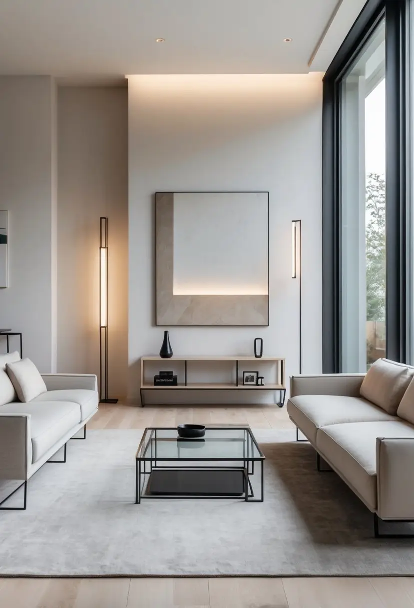 A modern living room with a sofa, coffee table, floor lamp, wall art, and shelving unit arranged neatly in a bright space.