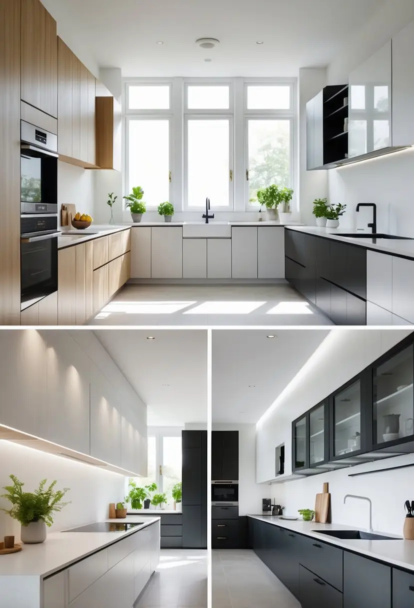A kitchen interior displaying ten different styles of kitchen cabinets in various materials and finishes.