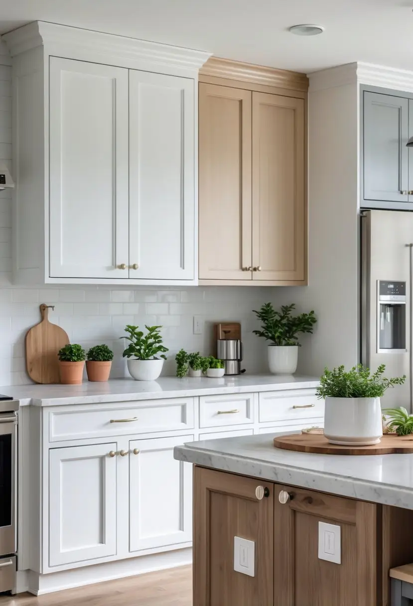 A modern kitchen with shaker-style cabinets in various colors, a kitchen island, and stainless steel appliances.