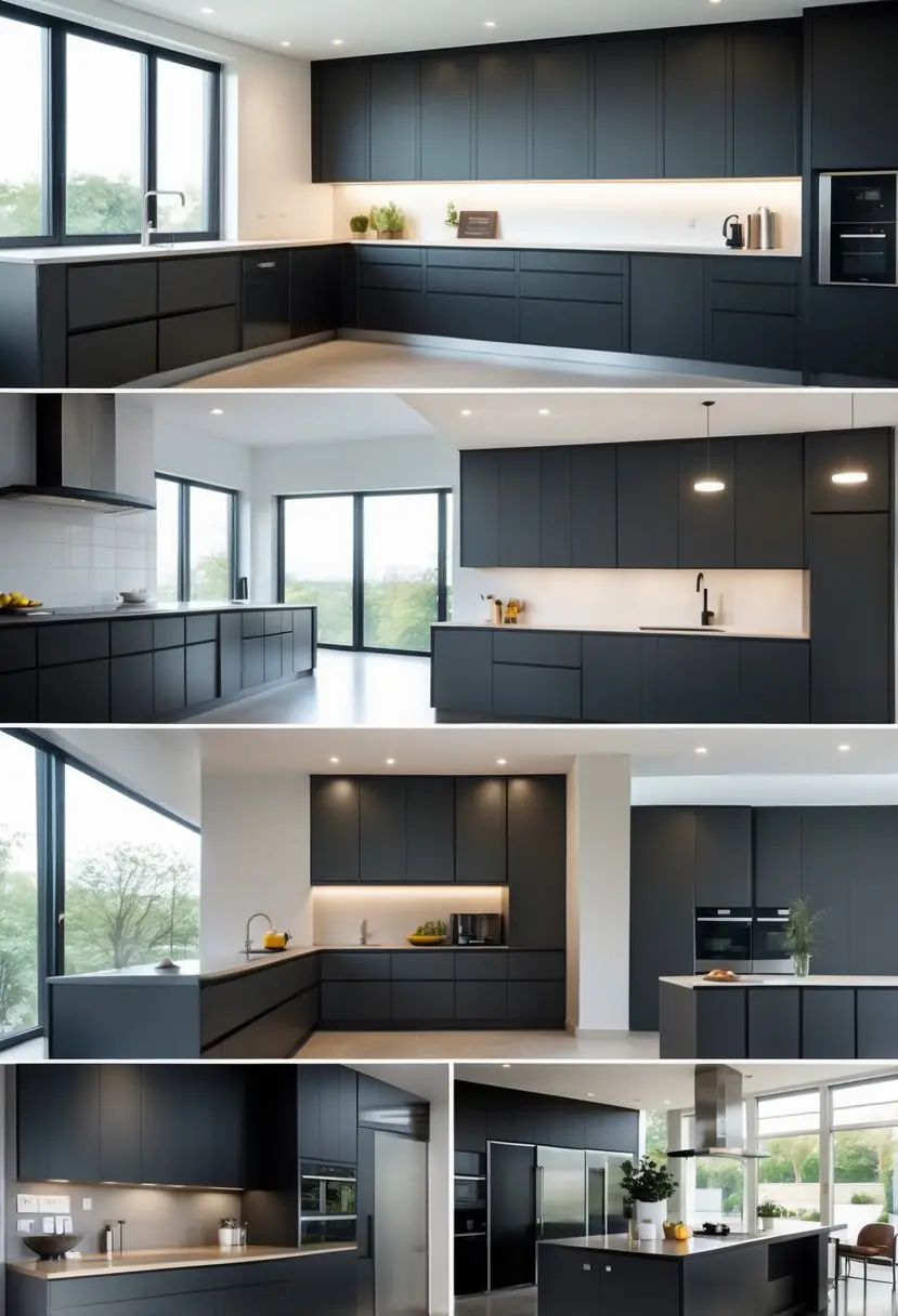 A modern kitchen with ten different matte black cabinets arranged in a bright, spacious room with light countertops and stainless steel appliances.