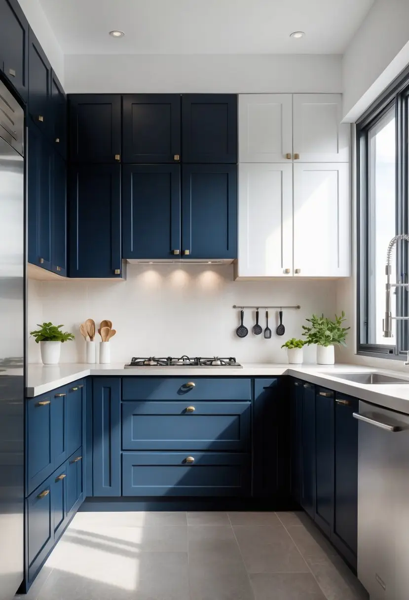A modern kitchen with navy blue lower cabinets and white upper cabinets, a light countertop, and stainless steel appliances.