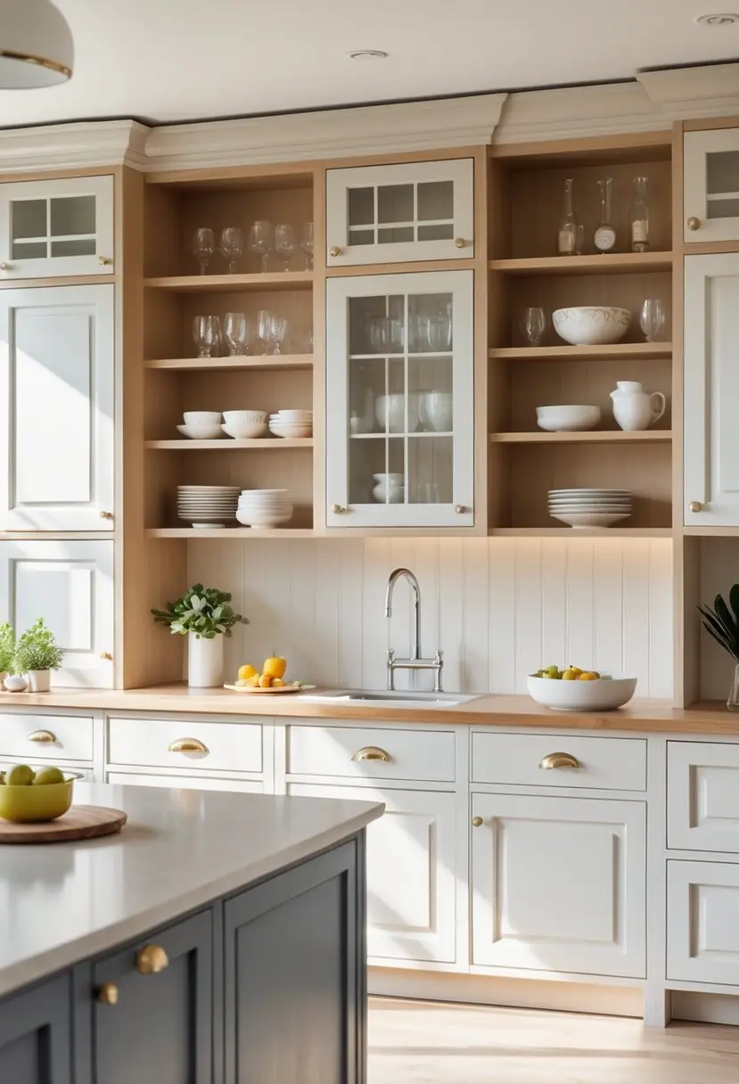 A kitchen with open shelves displaying dishes and classic cabinets with panel doors, featuring a clean countertop and natural lighting.