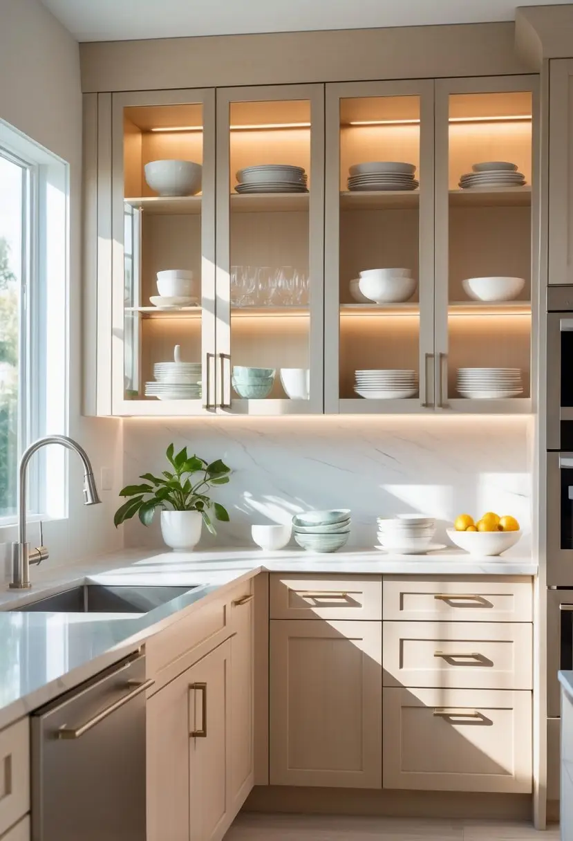 A kitchen with glass-front cabinets displaying neatly arranged dinnerware including plates, bowls, and glasses.