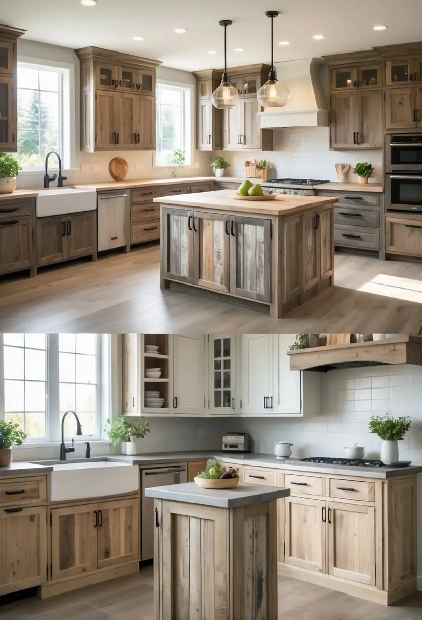 A bright kitchen with ten wooden cabinets and a large island, featuring natural light and modern appliances.