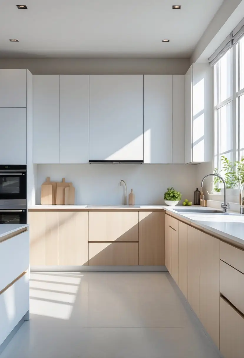 A modern kitchen with ten handleless cabinets arranged to show a clean and uncluttered space with neutral colors and natural lighting.