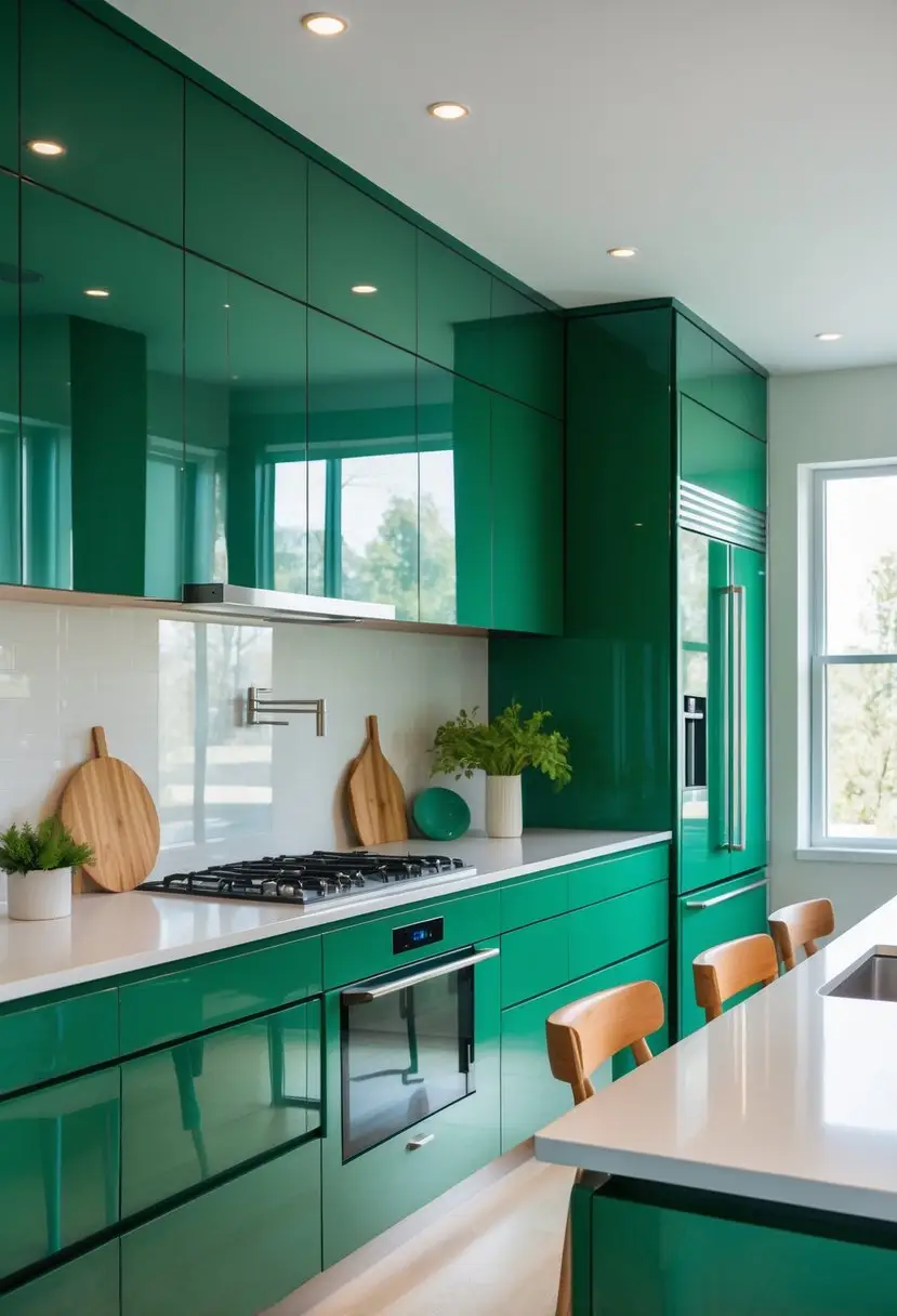 A modern kitchen with bold emerald green cabinets, light countertops, stainless steel appliances, and wooden flooring.
