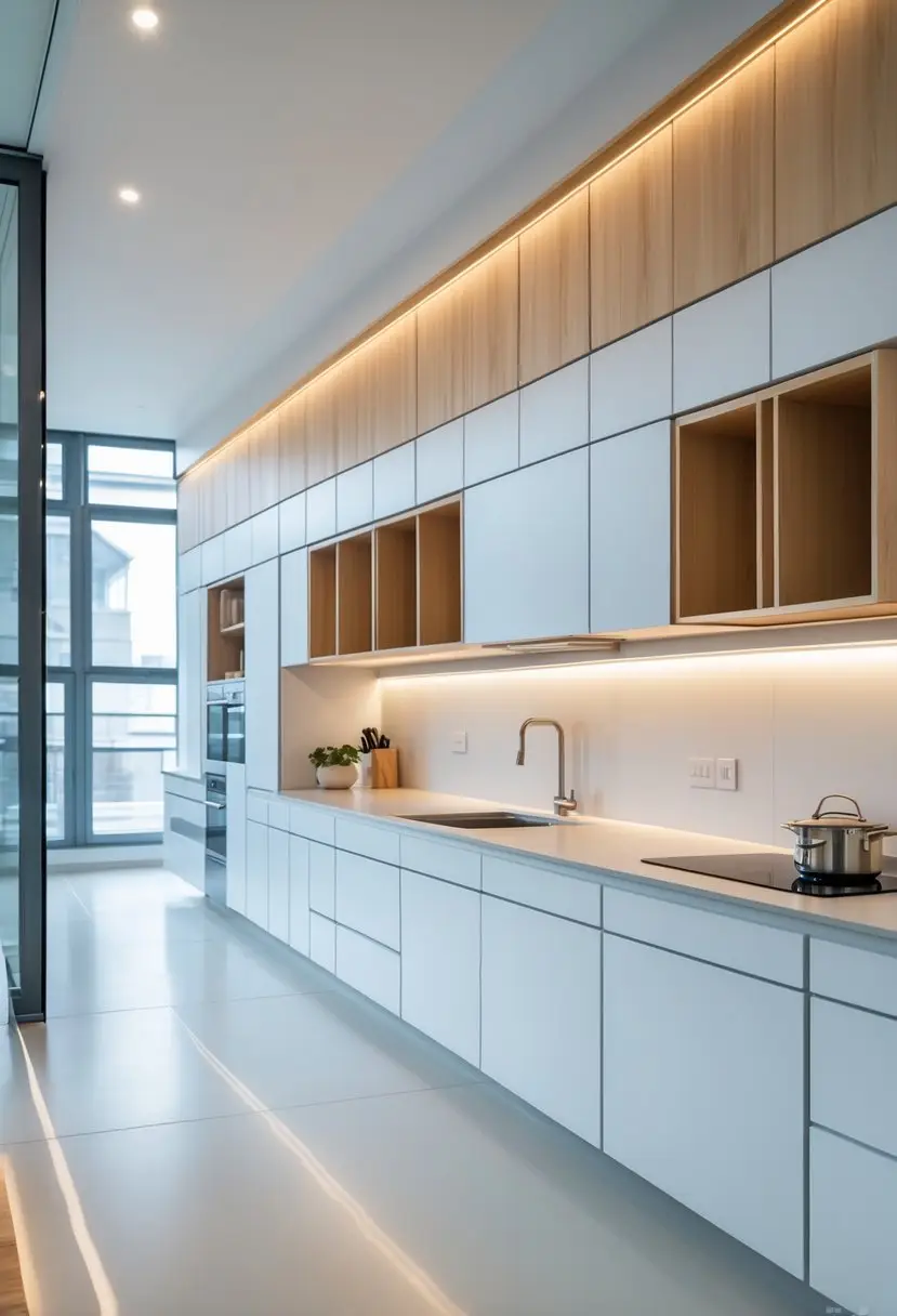 A modern kitchen with various floating wall cabinets mounted above an open floor space, showcasing different cabinet styles and finishes.
