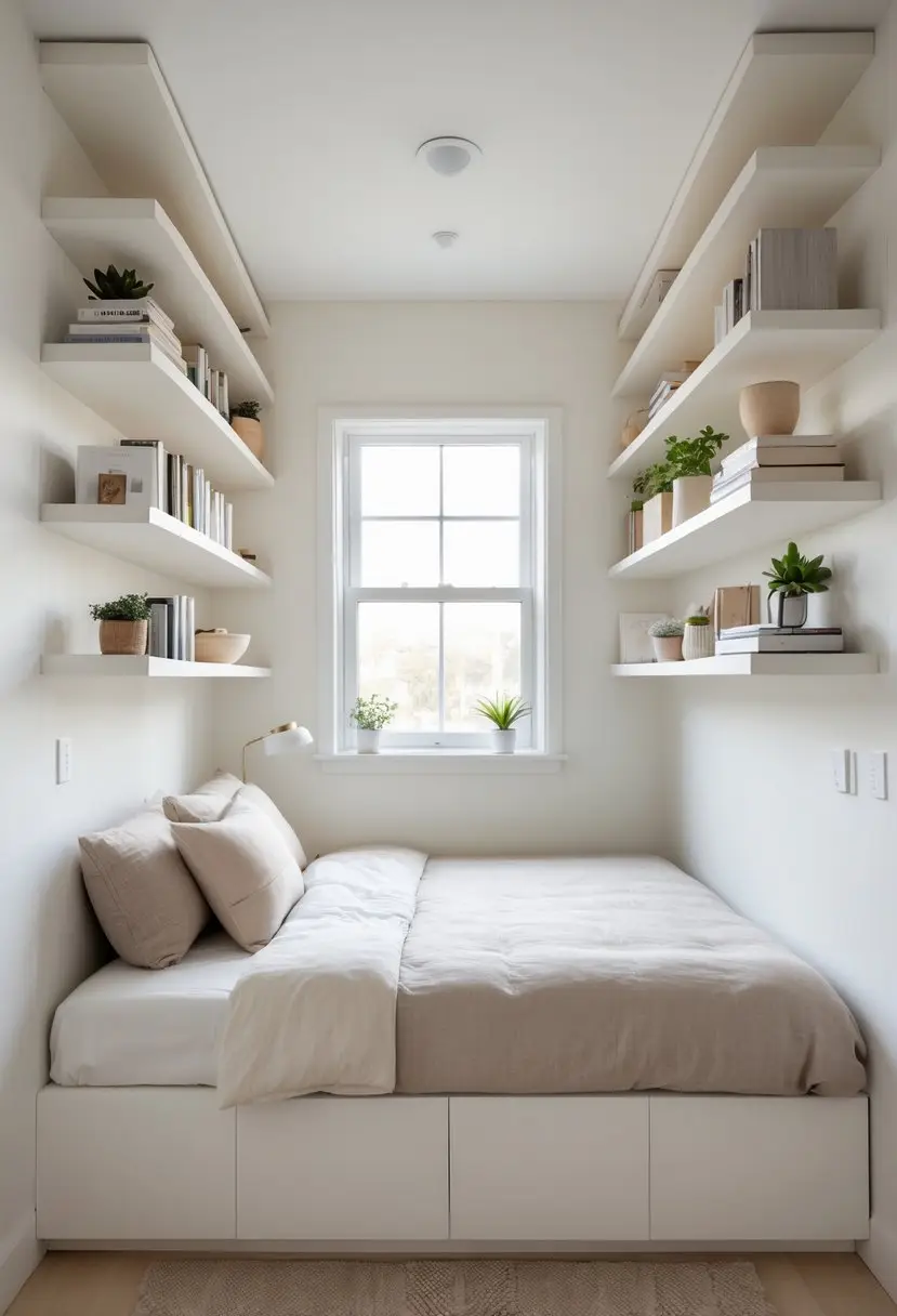 A small bedroom with built-in wall shelves above the bed, featuring a neatly made bed, books, plants, and natural light.