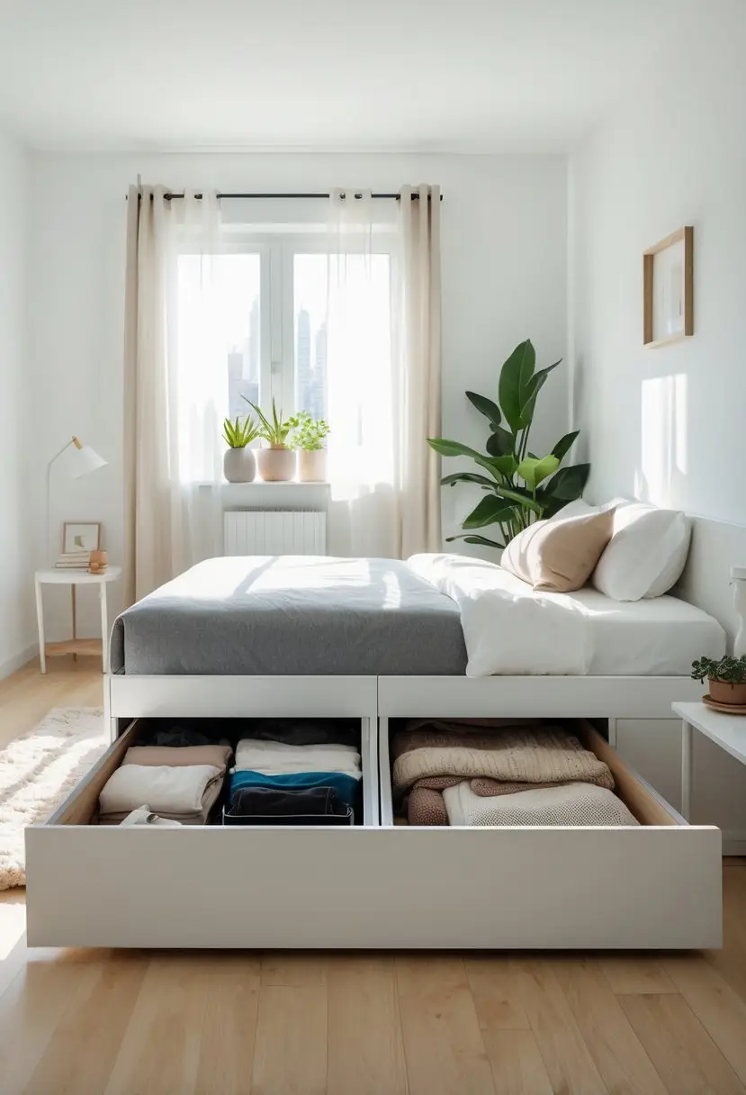 A small bedroom with a bed that has open under-bed storage drawers filled with organized items, sunlight coming through a window, and simple furniture around.