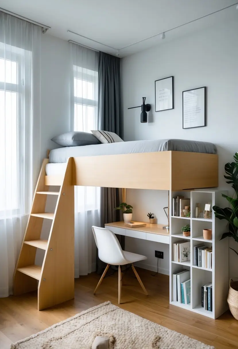 Small bedroom with a loft bed and a workspace underneath, featuring a desk, chair, and shelves.