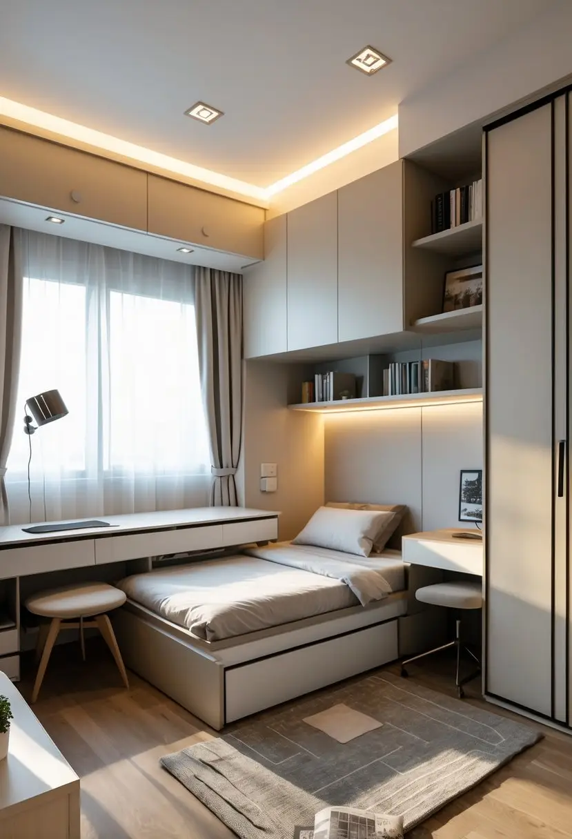 A small bedroom with a bed that has storage drawers underneath, a foldable wall desk, a wardrobe with sliding doors, floating shelves, and natural light coming through a window.
