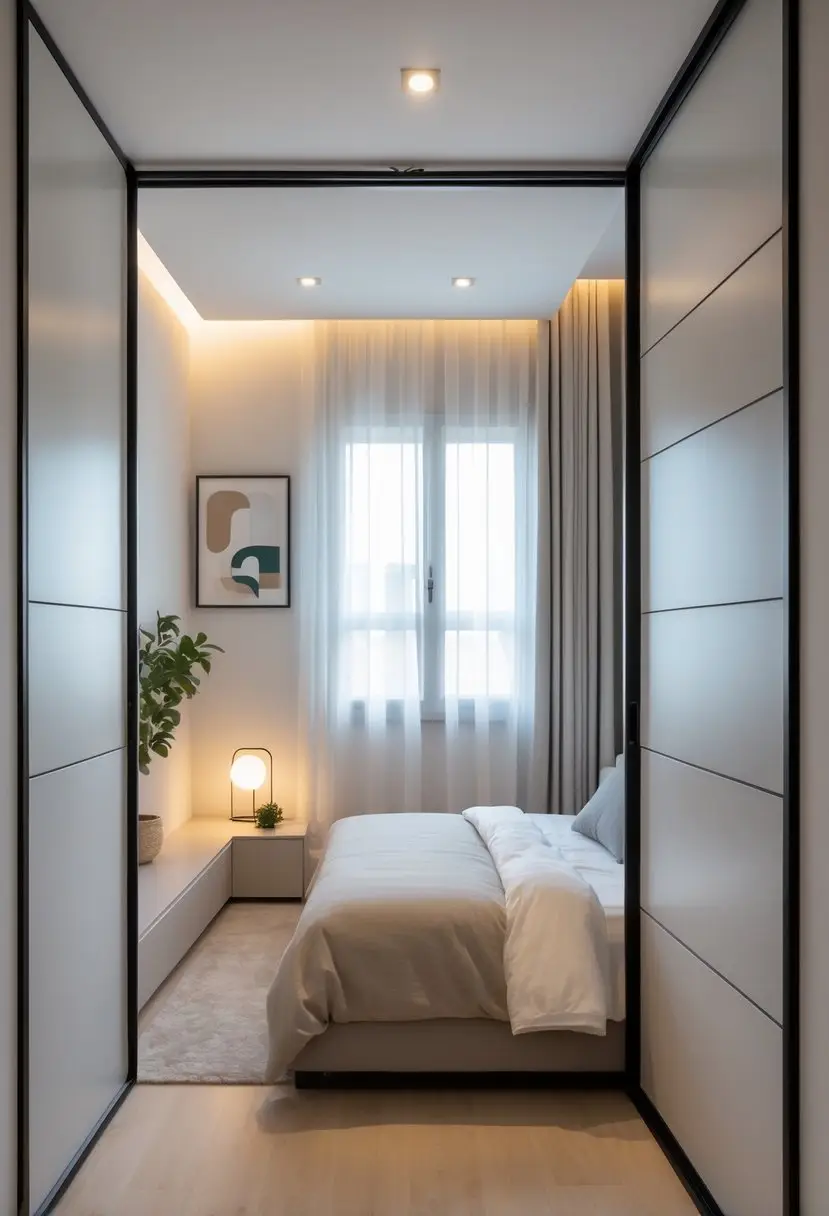 A small bedroom with sliding doors, a bed, nightstand, and natural light coming through a window.