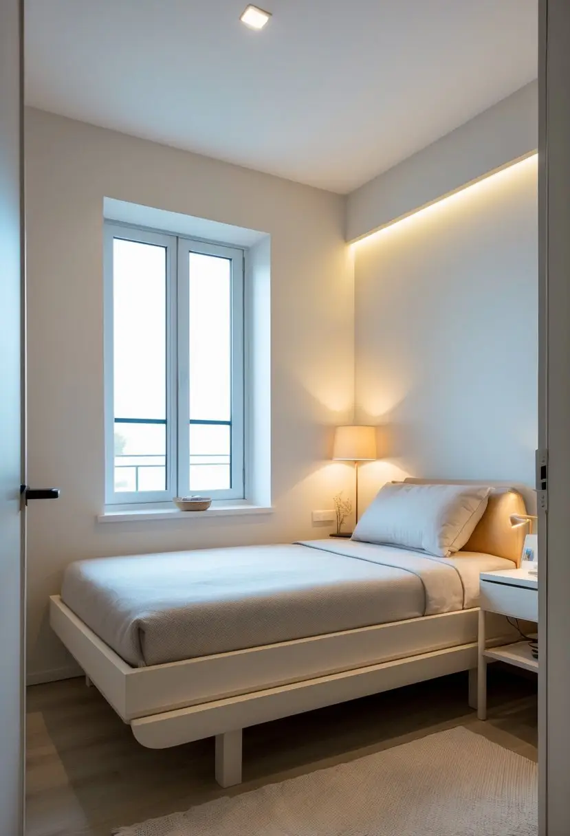 A small bedroom with a low-profile bed frame, bedside table, and soft natural light.