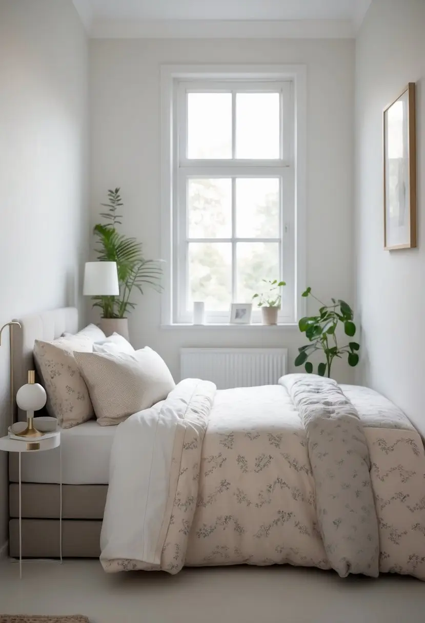 Small bedroom with a neatly made bed featuring subtly patterned bedding, natural light from a window, a bedside table with a lamp, and minimal decorative items.