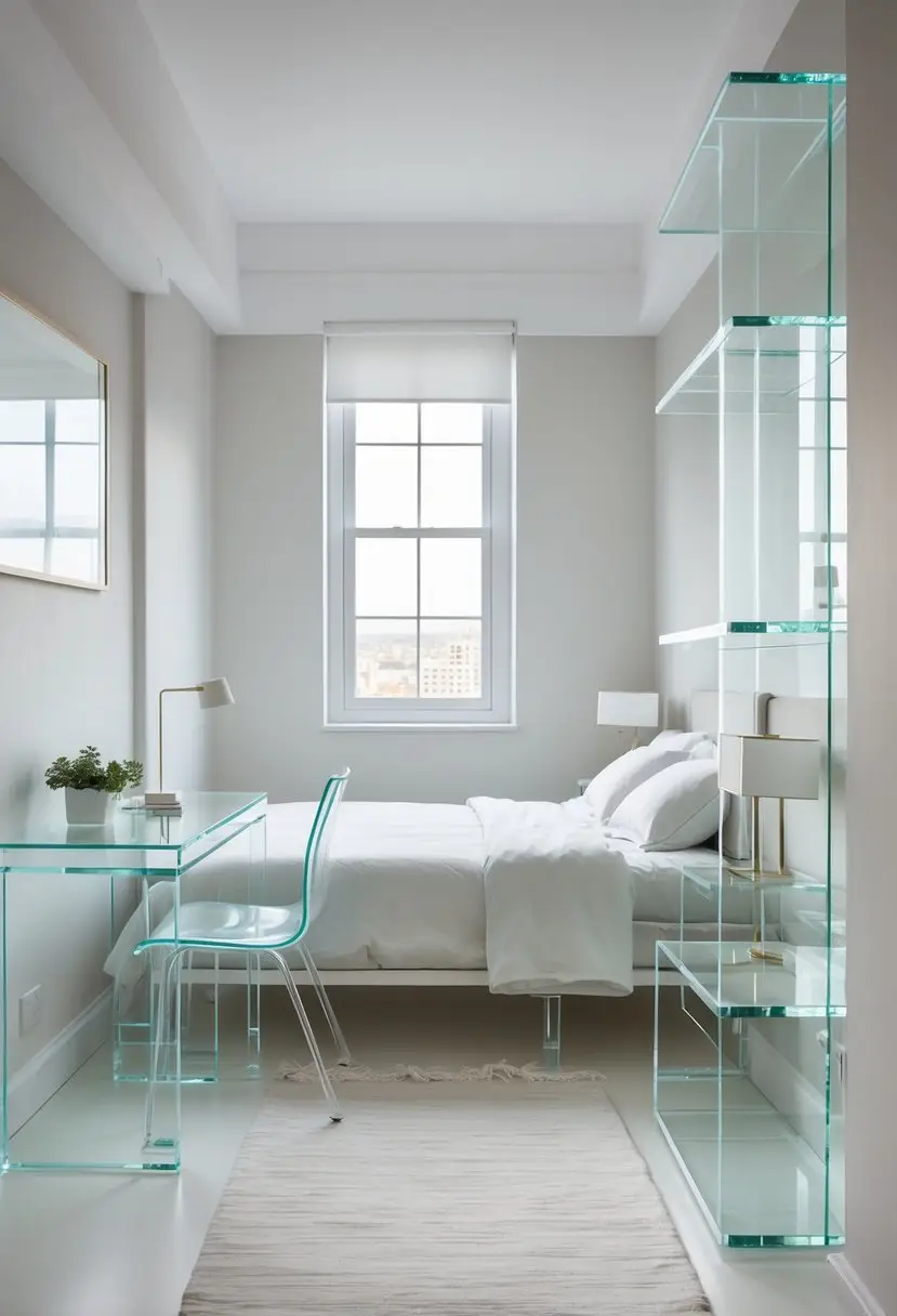 A small bedroom with glass furniture including a desk, bedside table, and shelving, filled with natural light and minimal decor.