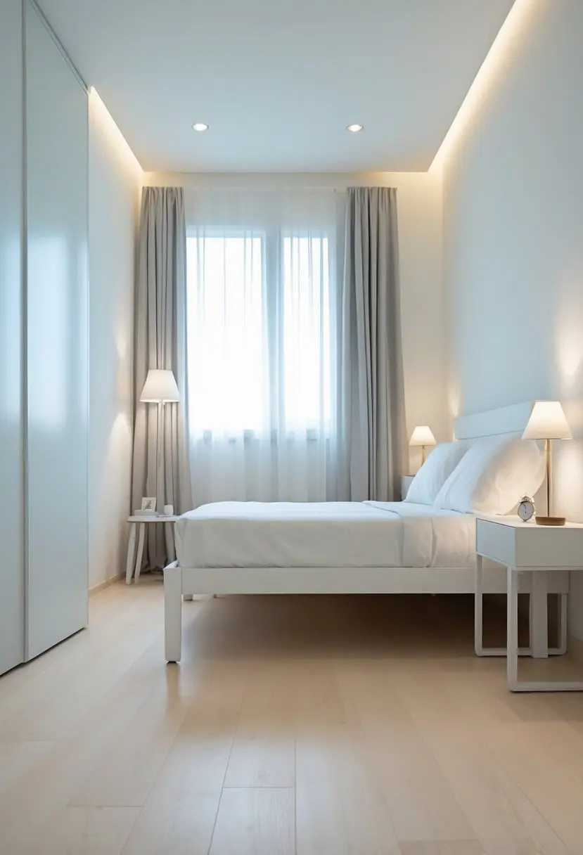 A small bedroom with a bed and nightstand that have exposed legs, bright natural light, and light hardwood flooring.